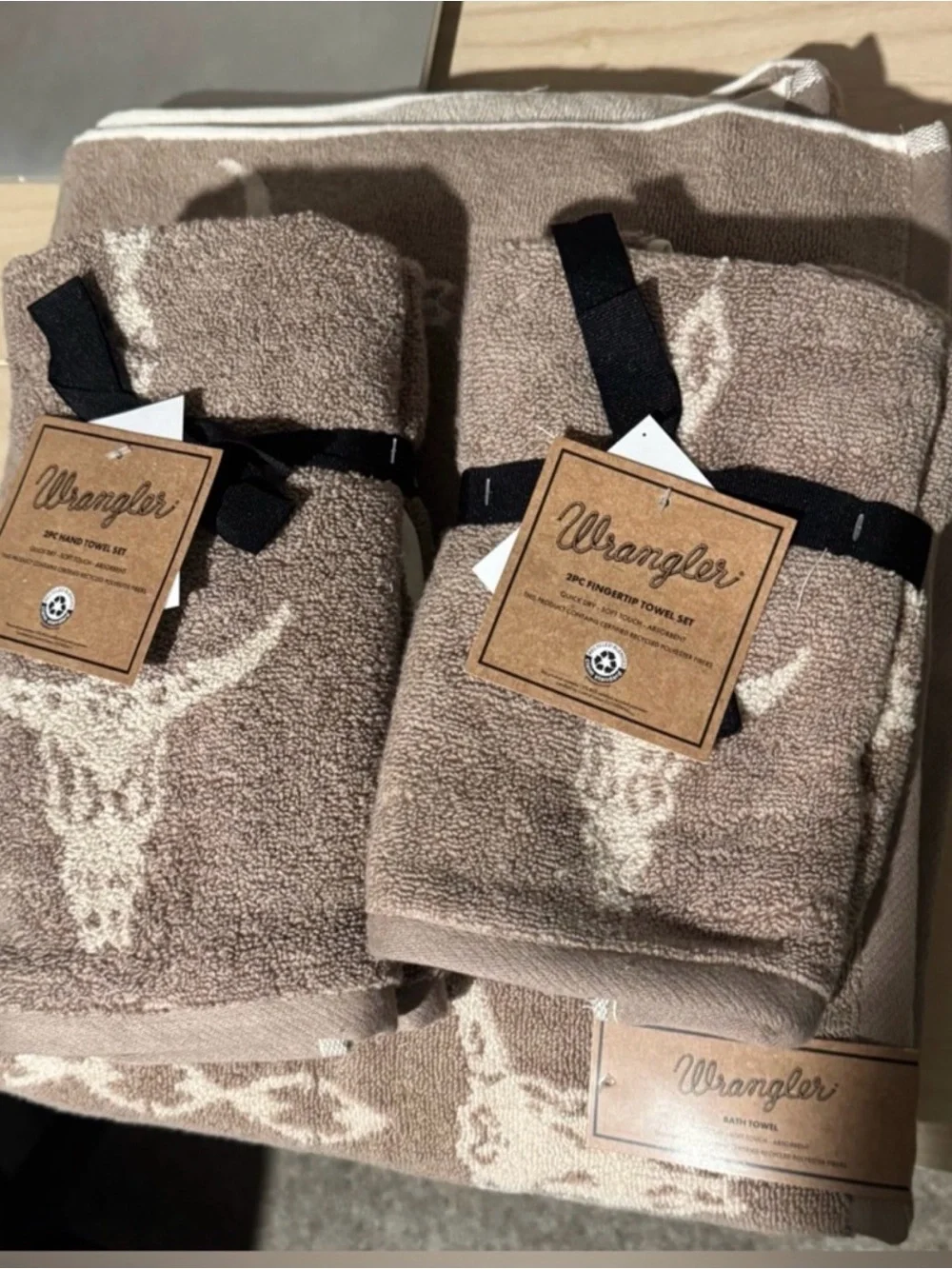 Wrangler Tan and Cream Western Skull Towel Set w/ bath, hand towels, wash cloths